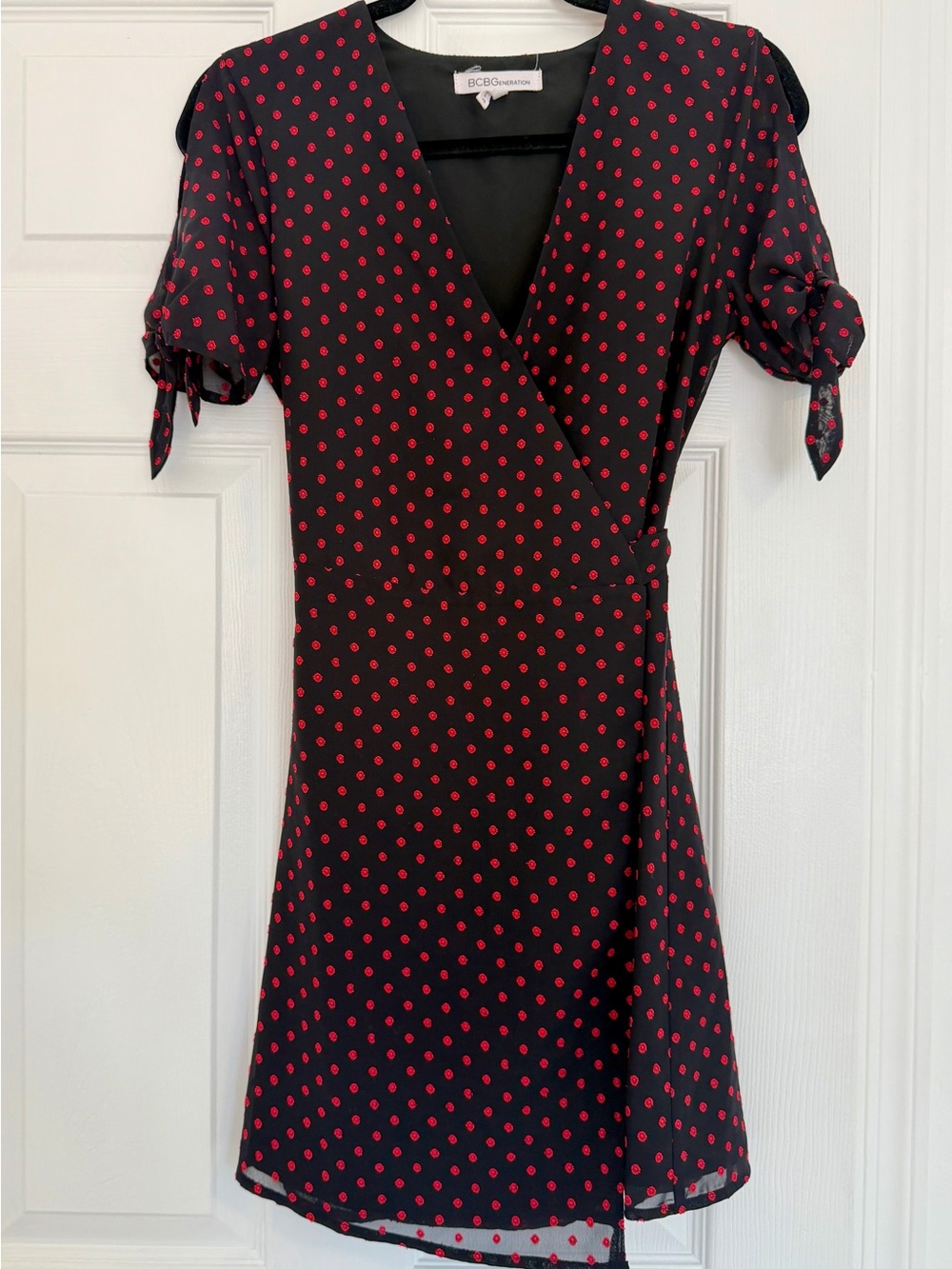 BCBGeneration Black Wrap Dress with Red Polka Dots